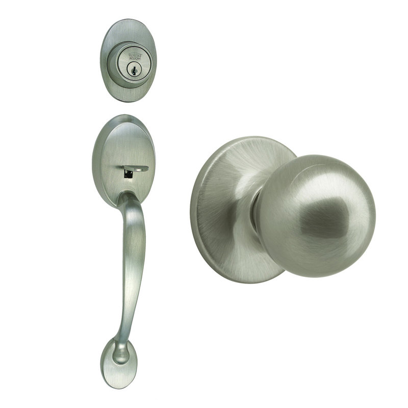 Handleset with Single Cylinder Deadbolt and Door Knob and Rosette, Satin Nickel