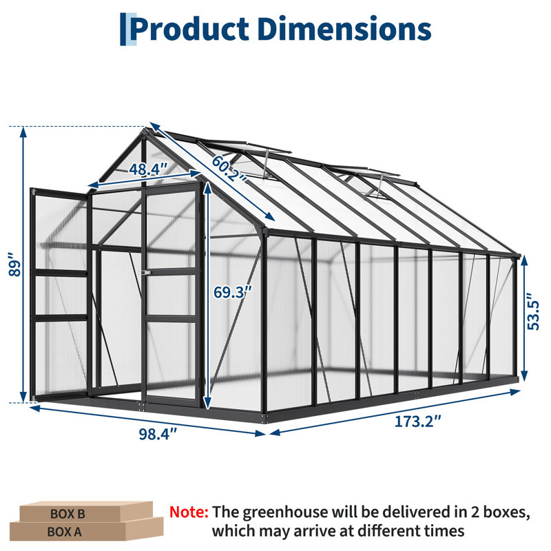 14x8 FT Polycarbonate Greenhouse Outdoor, Aluminum Walk-in Plant House with Roof Vent, Lockable Door & Ground Nails for Garden Backyard