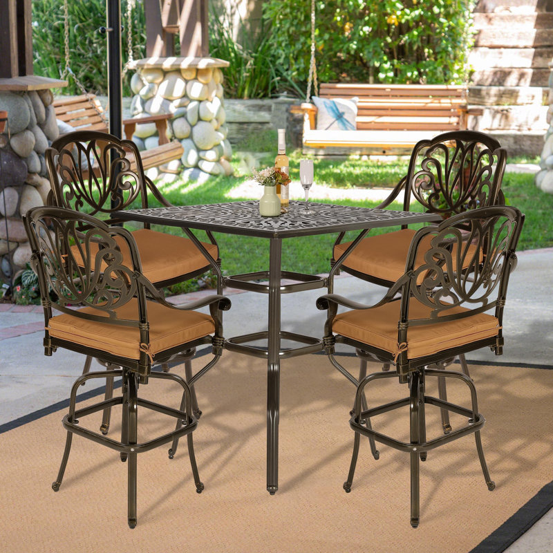 Bloomsbury Market 5-piece Bar Height Patio Dining Set, All Weather Cast Aluminum Outdoor Table And Chairs Set With 4 Swivel Bar Stools, Cushions & 35.38" High Bar Table W/umbrella Hole For Deck, Lawn, Garden