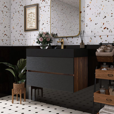 Lavabo de salle de bain noyer en quartz noir mat
