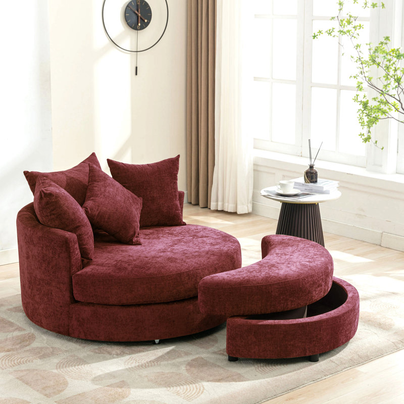 360° Swivel Accent Barrel Chair With Storage Ottoman & 4 Pillows, Modern Chenille Leisure Chair Round Accent For Living Room, Red
