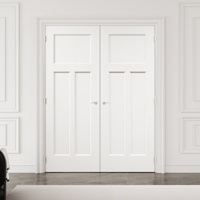 Porte française de 60 po x 80 po à panneau en T moulé avec quincaillerie argentée avec loquet et levier de porte, dalle de porte unie, peignable et imperméable, combinaison pour la lessive, portes de placard, portes de pièce, assemblage requis