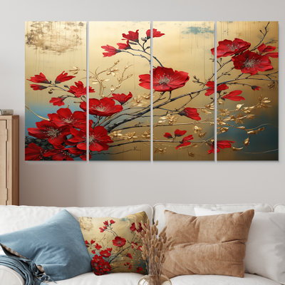 «Red Blooming Daisy Flowers On Vintage Gold - Daisy», art mural sur toile 4 pièces
