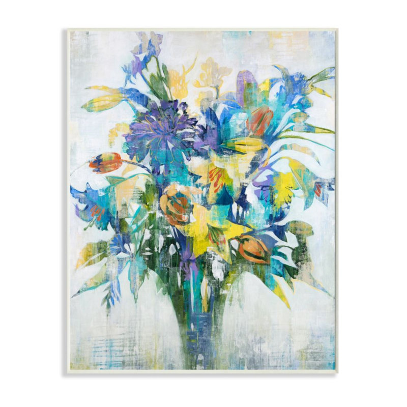 Bouquet de printemps délavé bleu jaune vert - impression d'art graphique, Giclée encadrée noir minuit, 20" H x 16" W x 1.5" D