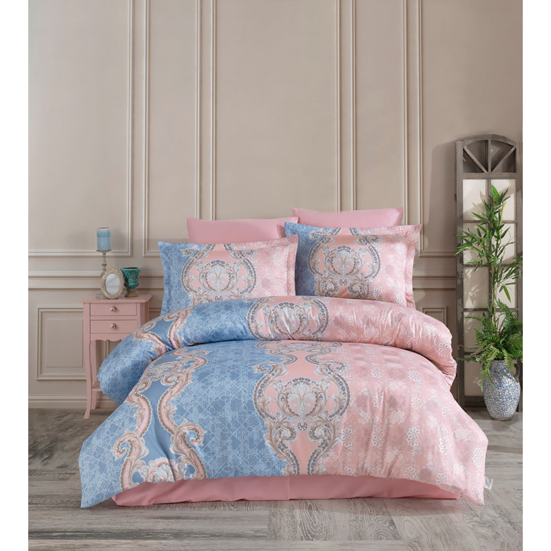 Ensemble de housse de couette 100% coton bleu / rose / gris Abington