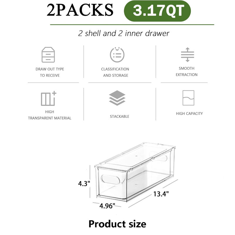 2 Pack Fridge Organizer Bins With Pull Out Drawer,Stackable Storage Drawer, Clear Refrigerator Organizers And Storage,Save Vertical Space For Kitchen Cabinet Pantry,13.4X 4.96 X 4.3 In
