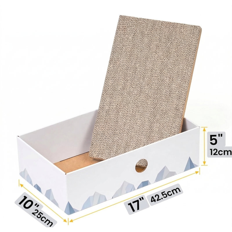 Boîte à griffer en carton pour chat avec coussin à double face robuste, conception de trou de chaise et de trou interactif, lit pour chat, blanc, grand