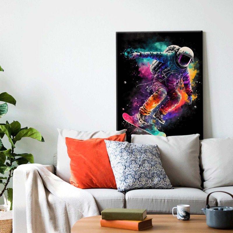 Framed Astronaut Wall Art Space Pop Culture Graffiti Street Art Painting Pictures Wall Decor Canvas Prints Modern Gifts For Artwork Space Boys Room Home Decor For Bedroom Living Room Office 16X24in