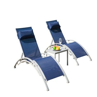 Pool Lounge Chair Of 3 In Blue - Adjustable Aluminum Chaises 5 Positions, Fabric And Metal Side Table For Deck Lawn Backyard Outdoor (3) Chaise Lounges With For Deck, Lawn, Poolside Sparkle