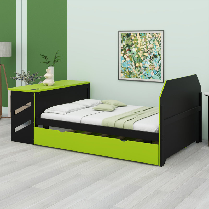 Lit de jour en bois avec lit gigogne simple, bureau et port USB, Vert