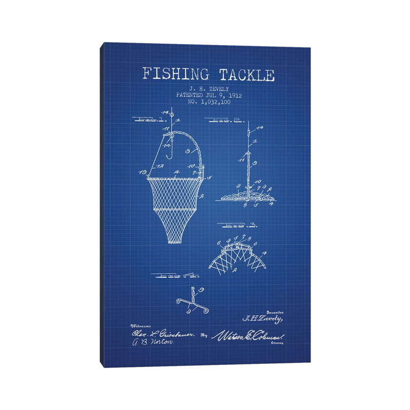 J.H. Zevely Fishing Tackle Patent Sketch (Blue Grid) by Aged Pixel - Wrapped Canvas Gallery-Wrapped Canvas Giclée
