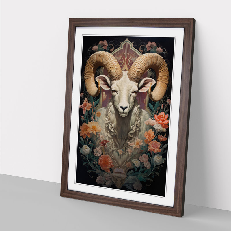 Ram Sheep Art Deco - Single Picture Frame Print on Wood, Walnut Framed, 34cm H x 25cm W x 2cm D