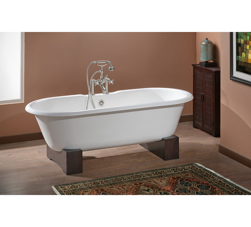 Baignoire de trempage autoportante en fonte Kristin 61 po. X 31 po., Hêtre naturel, Intérieur et extérieur blancs