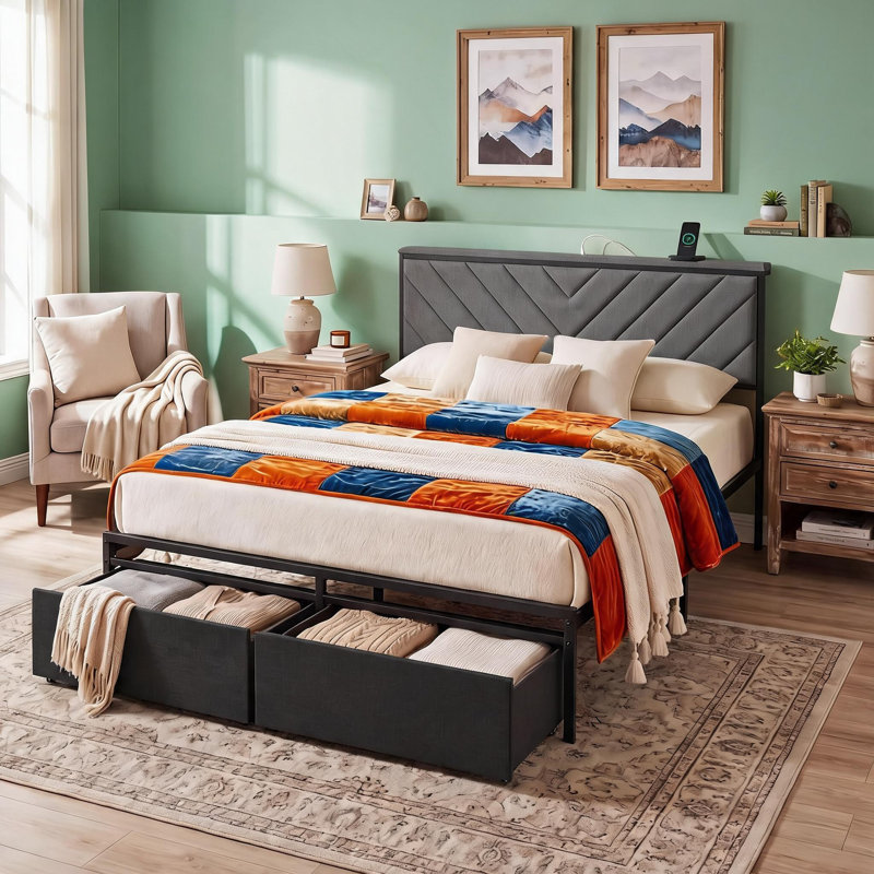 Queen Size Bed Frame with Drawer & Charging Station, Grey