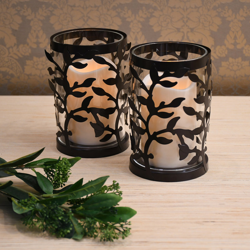 Black Vine Metal and Glass LED Flameless Pillar Candles Set of 2