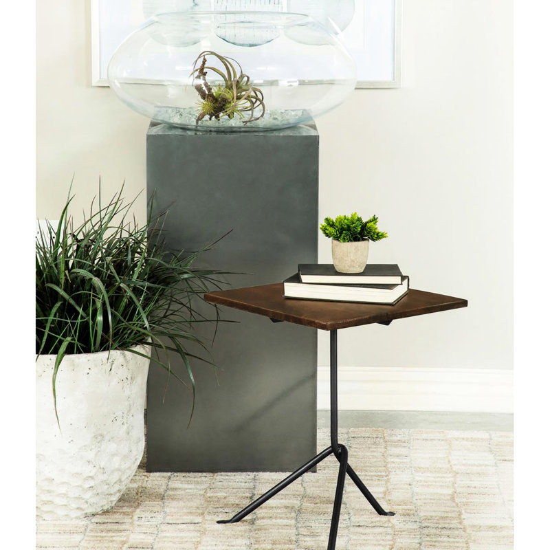 Modern Dark Brown Accent Table With Square Mango Wood And Gunmetal Trim Stable Tripod