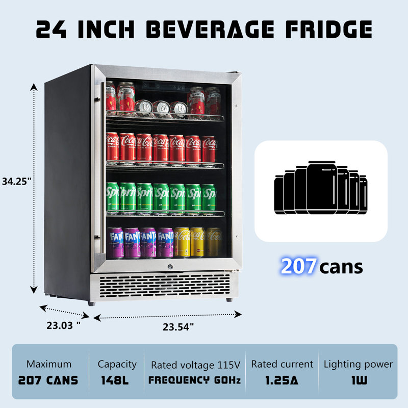 24" Beverage Refrigerator with Glass Door – LED Touch Panel, Adjustable Shelves, 34–64℉, Built-In or Freestanding Wine & Beer Fridge, Under Counter Design