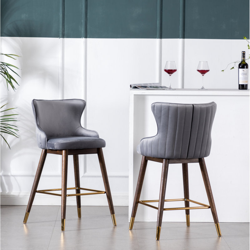 Tabouret gris à hauteur de comptoir rembourré de 2, avec mousse dense et tissu texturé de style velours relaxant 2, revêtement pour un moment agréable