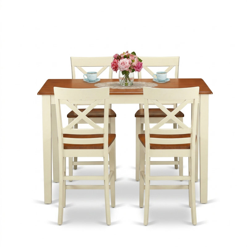 Ensemble table haute rectangulaire 5 pièces en bois d'hévéa couleur cerisier-babeurre, style transitionnel, avec assise en bois.