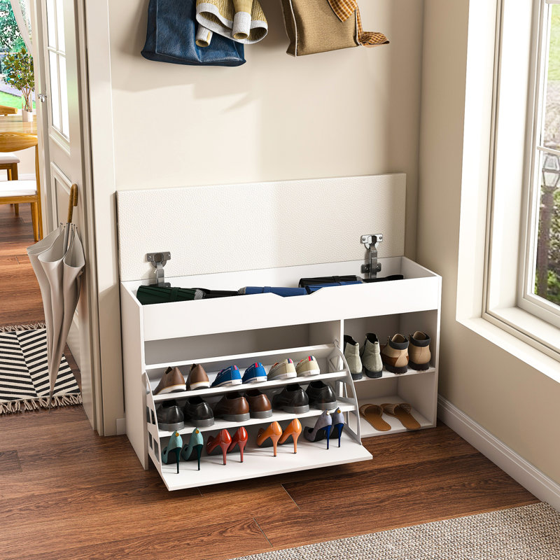 Banc de vestibule moderne avec rangement pour chaussures, 3 tiroirs rabattables, armoire cachée, support rotatif, compartiment relevable, coussin à gratter et confortable pour le couloir du salon, rangement blanc