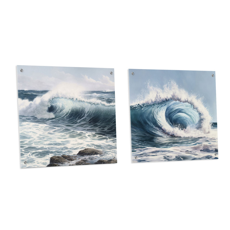 Ocean Wave Movement II - Modern Beach Acrylic Wall Art Glass Set Of 2, 16" H x 33" W