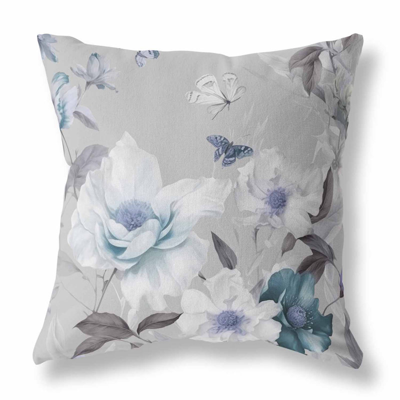 Coussin décoratif réversible Leafy Lepidoptera Medley, H 18 po x l 18 po, Bleu / Blanc / Gris