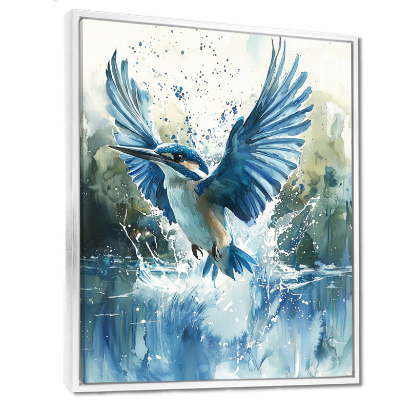 Martin-pêcheur au-dessus de l'eau I - oiseau, reproduction sur toile, H 20 po x l 12 po, Reproduction avec cadre flottant