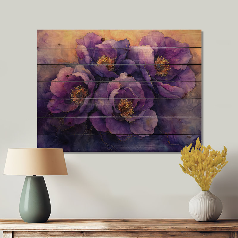 Fleurs de pivoines dorées lavande Serenity II - décorations murales en bois pivoines - sur bois de pin naturel