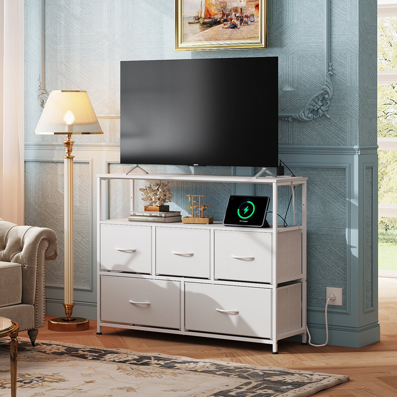 5 Drawer Dresser with Charging Station, TV Stand with Open Shelf and Power Outlet for 45'' TV, Chest of Drawers for Living Room, Closet, Entryway