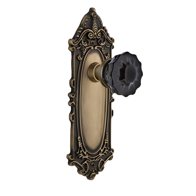 Victorian Plate with Crystal Black Door Knob, Antique Brass