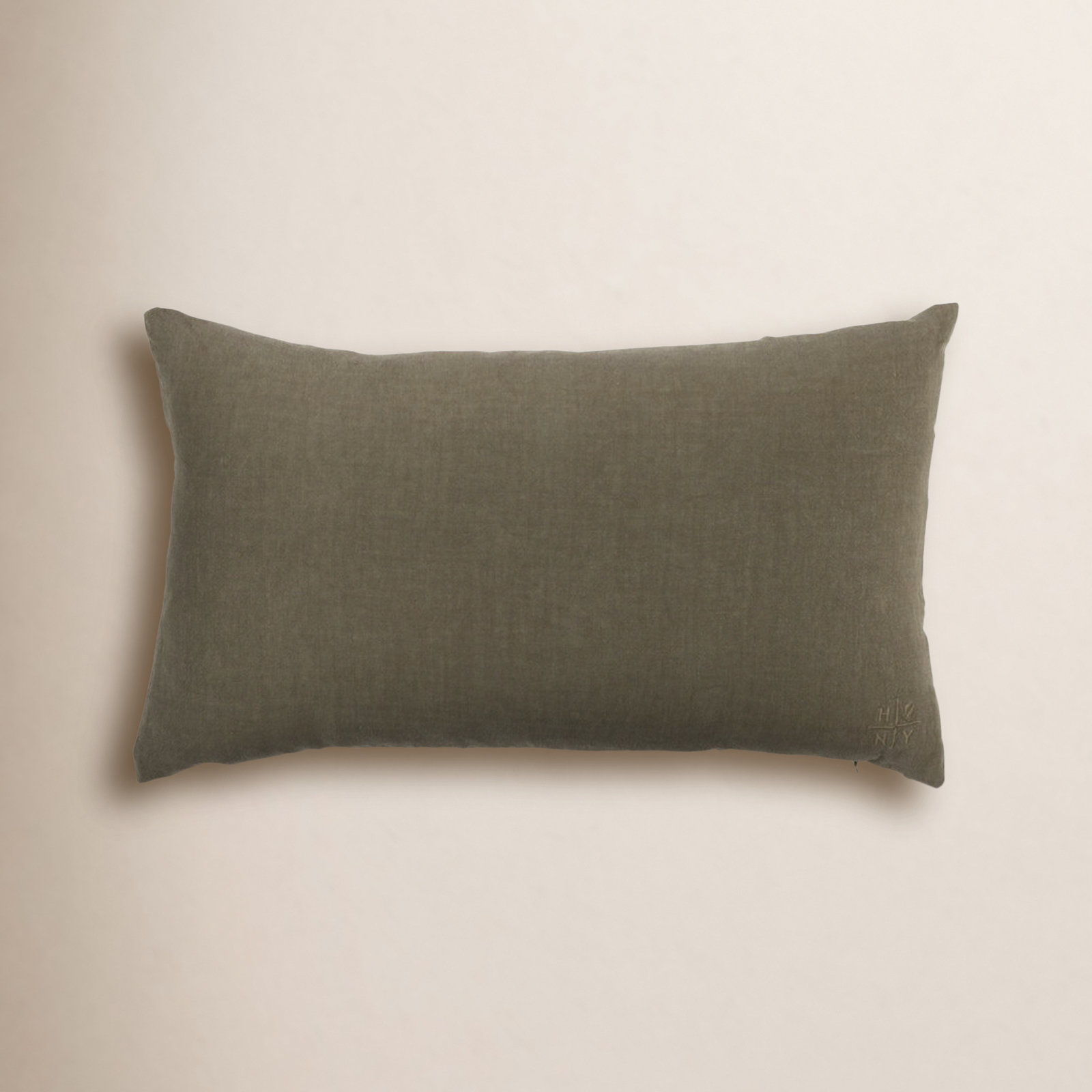 Simple Embroidered Linen Throw Pillow, Olive, Rectangle 12" H x 22" W