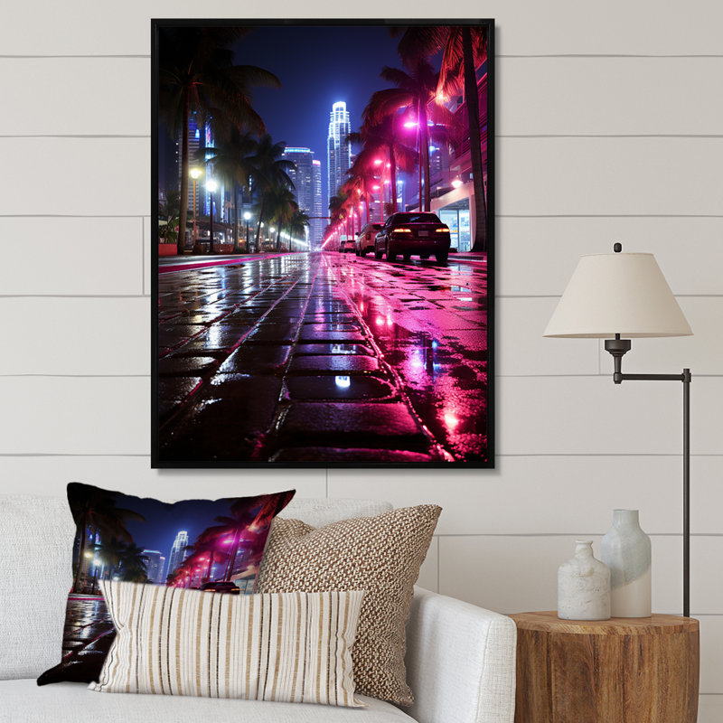 Reproduction d'art sur toile rose Miami, H 44 po x l 34 po, Cadre flottant noir