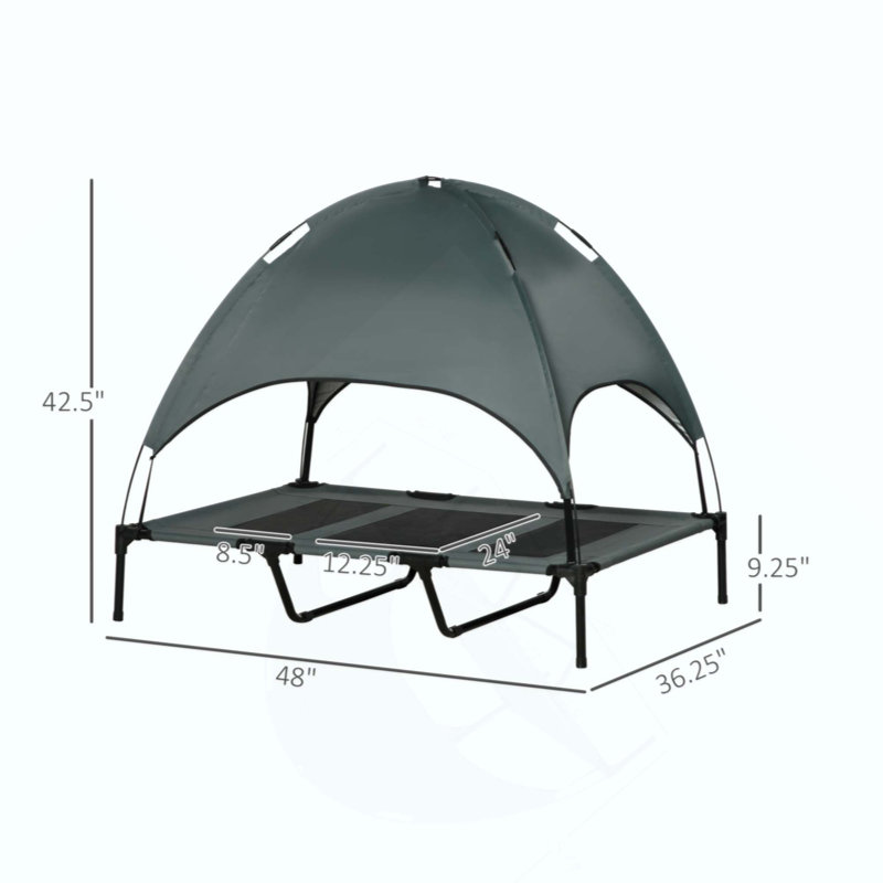 Lit surélevé portatif pour chien avec abat-jour de protection UV, Gris, Large (42.5" H x 48" W x 36.25" D)