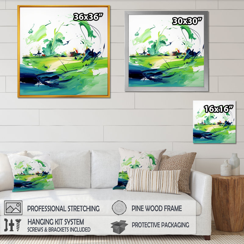 «Green and Blue», impression d'art abstrait mural, Cadre simple noir, H 36 po x l 36 po x P 1,5 po