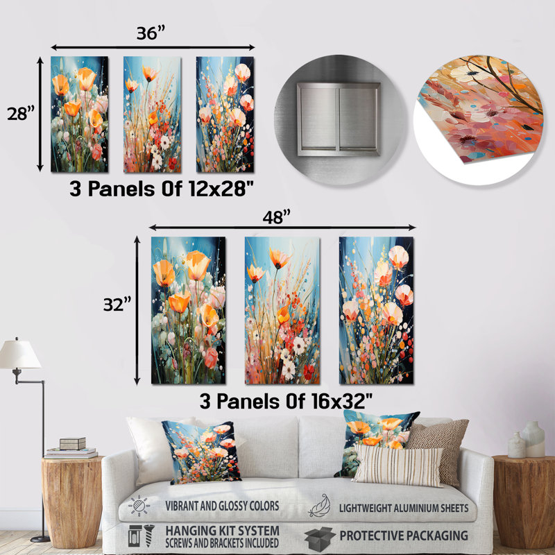 «Garden Delights Wild Expression Blooms - Flowers», ensemble de 3 reproductions d'art en métal, H 28 po x l 36 po
