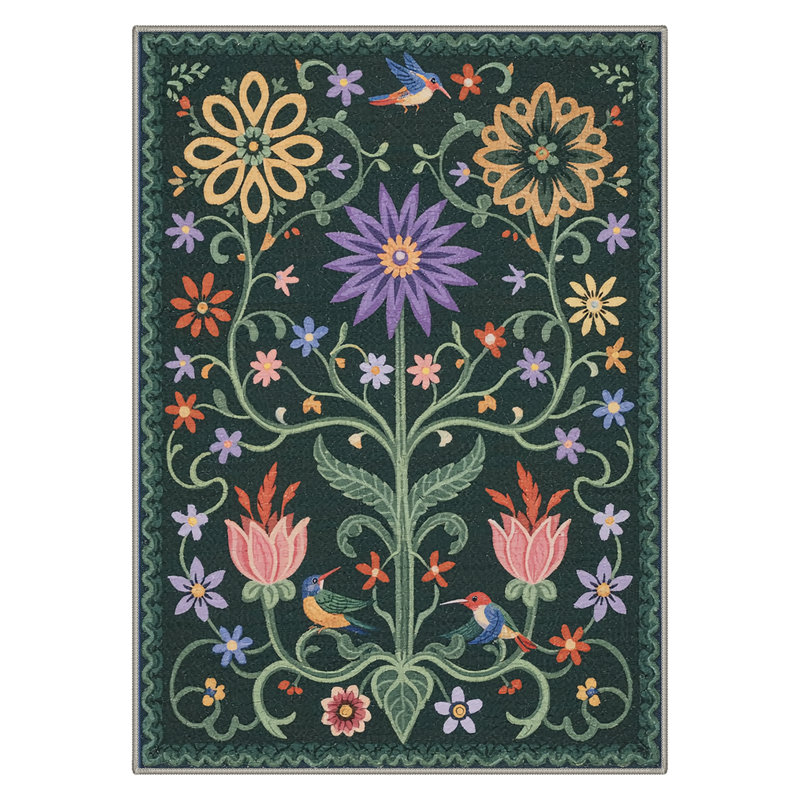 Aasen Veridian Floral Machine Washable Green / Yellow / Pink / Purple Indoor Area Rug with Non-Slip Backing