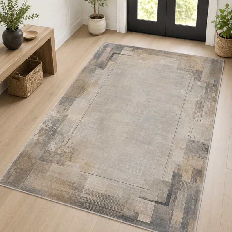 Tapis / chemin de table en chenille beige encadré, Rectangle 11'6" x 5'3"