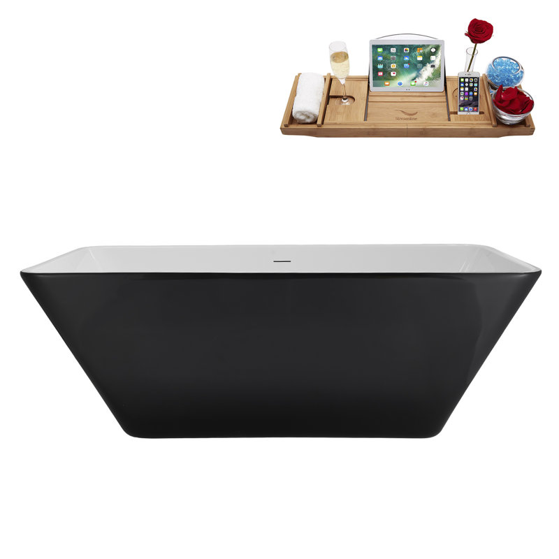 63" Streamline Soaking Freestanding Tub and Tray With Internal Drain, Glossy White