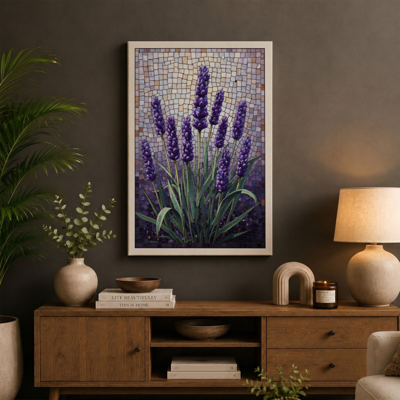 Lavender in Mosaic Botanical - Wrapped Canvas, 36x24 - 91.4 x 61.0 cm, Black Border