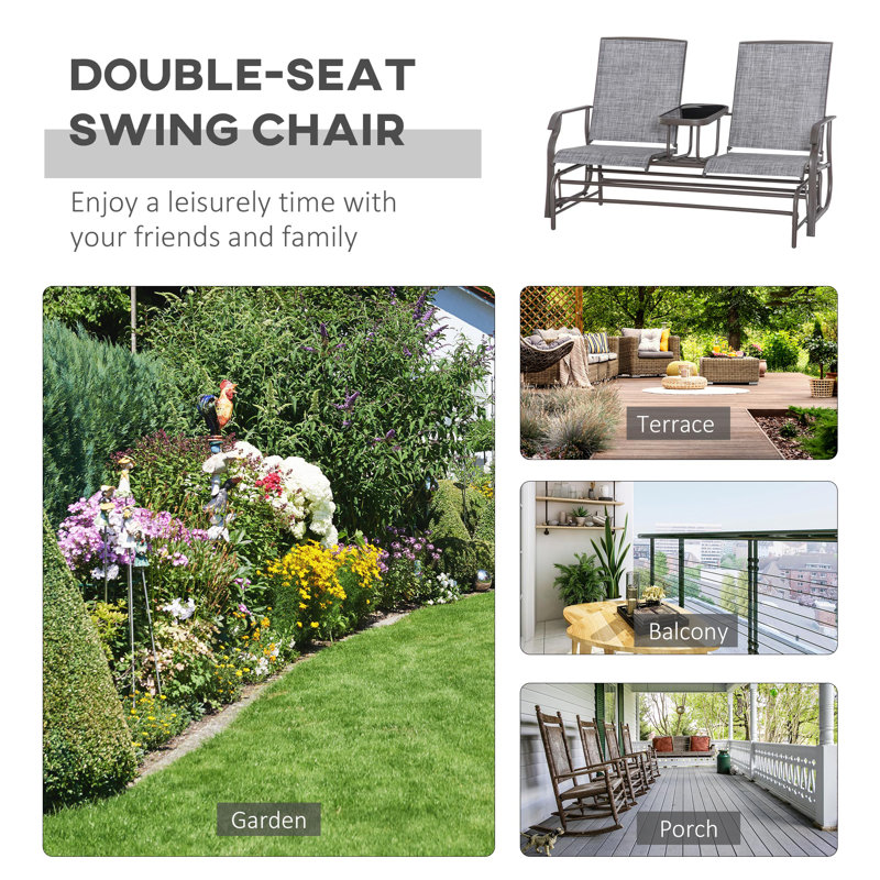 Herrman 2 Seats Garden Glider Bench with Glass Top Centre Table Brown/Grey