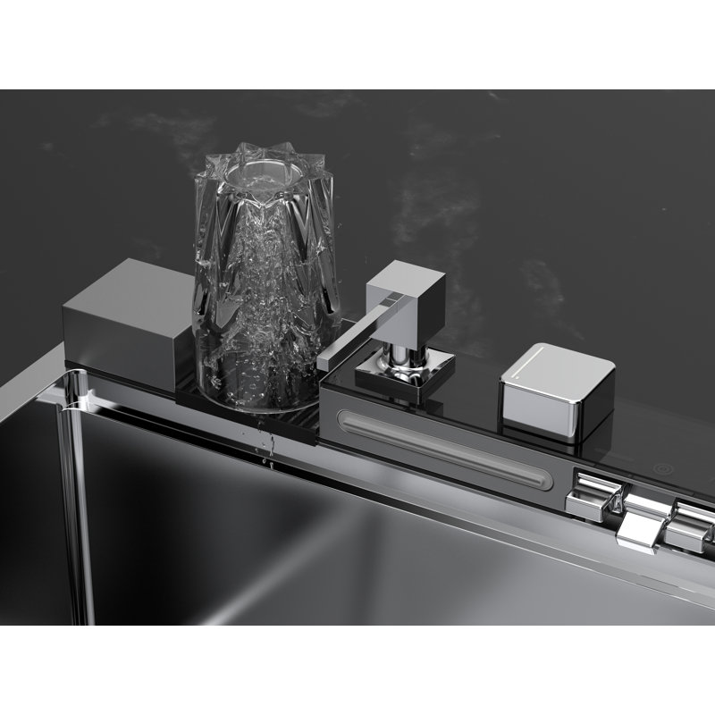 Évier de cuisine Waterfall Smart 32 po, station de travail encastrée, cuve simple en acier inoxydable 16 jauges avec robinet rétractable, laveuse à tasses, passoire, planche à découper, évier multifonction 31,5 po x 17,7 po x 9 po noir