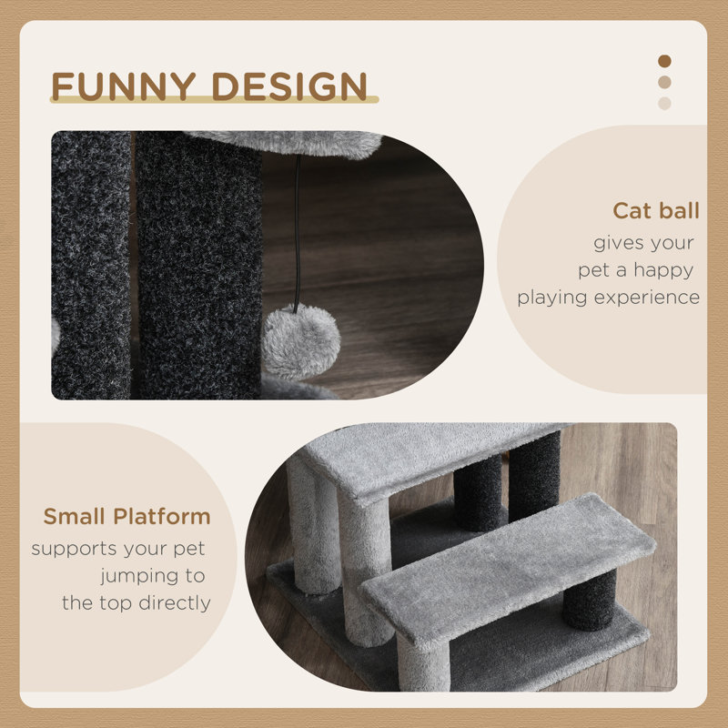  Cat Stairs 3 Steps For Bed, Couch With Scratching Posts, Small Cat Tree For Indoor Cats With Toy Ball, 17.5" X 15.5" X 19"