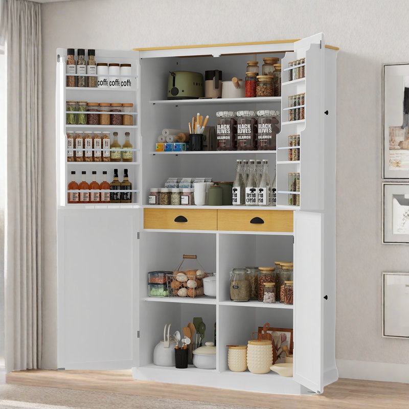 Garde-manger avec 2 tiroirs intégrés, 2 tablettes réglables, 8 tablettes de porte et 1 armoire de rangement, Blanc