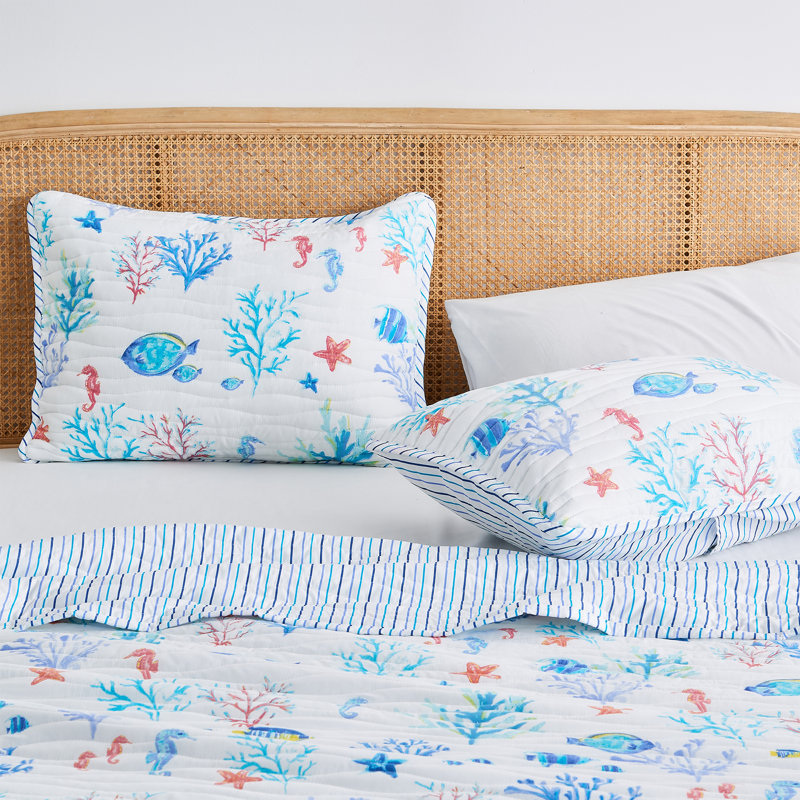 Twin Blue Microfiber Coastal Reversible Quilt Set