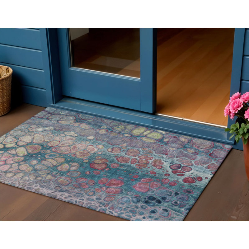 3' X 5' Teal Blue And Plum Abstract Washable Indoor Outdoor Area Rug