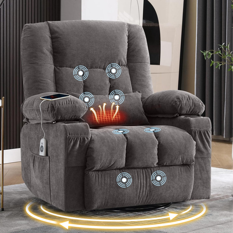 Oversized 360°Swivel Rocker Recliner Chair, Extra Large Vibration Massage & Heat With Side Pocket, 2 Cup Holders And Usb Charge Port For Living Room,Grey