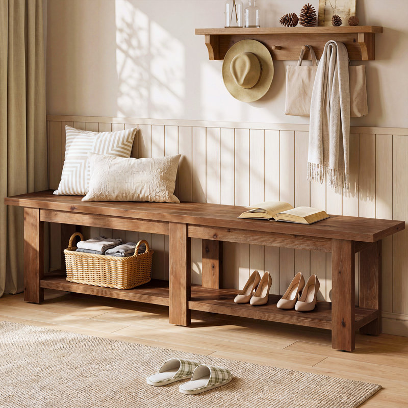70.9" Solid Wood Entryway Bench, Farmhouse Wooden Shoe Bench
