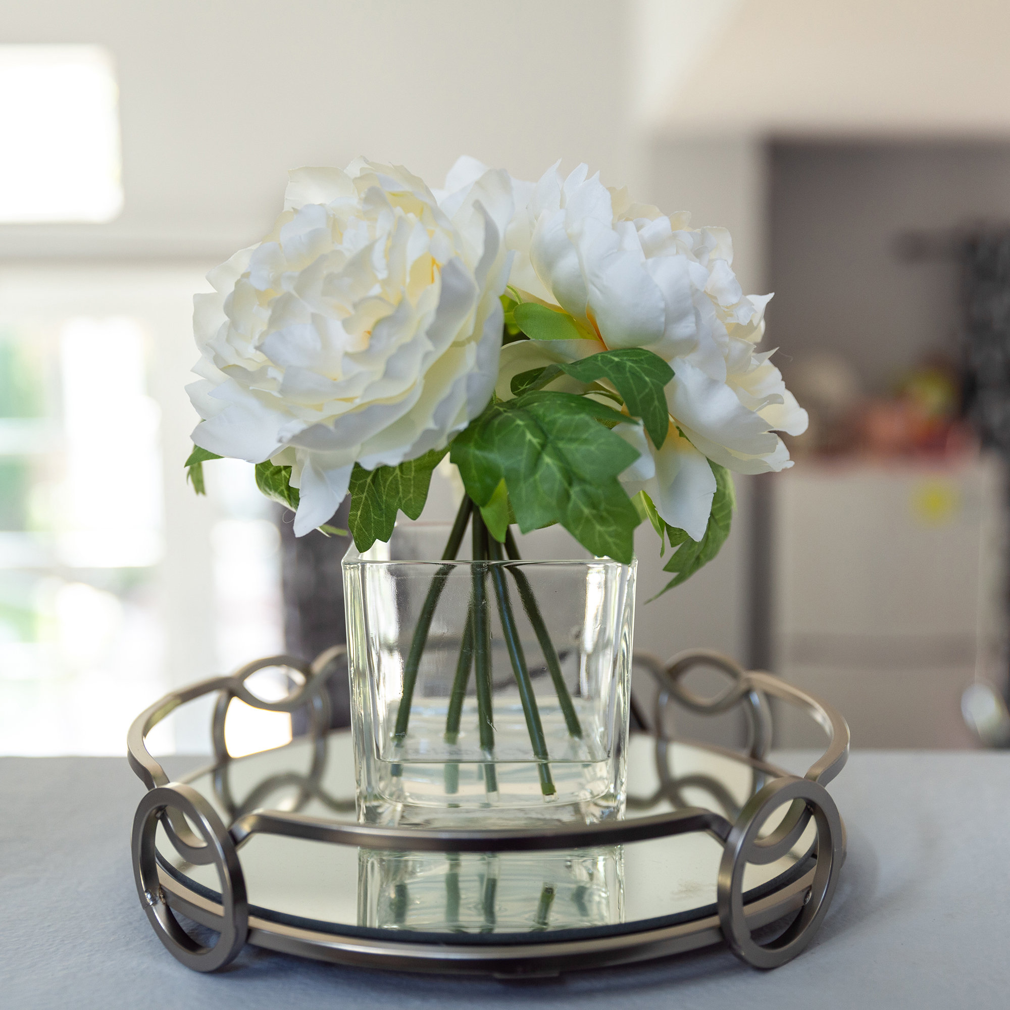 Villela Peony Floral Arrangement in Vase, Cream White