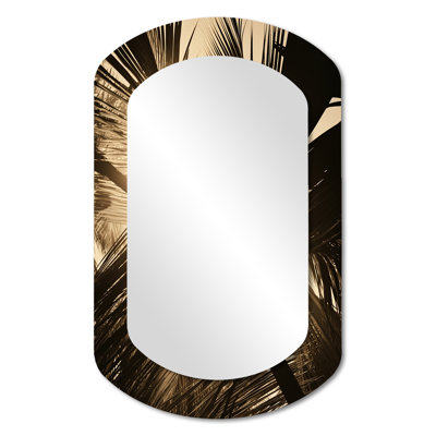 Manrique sépia sérénité feuilles de palmier - grand miroir mural cylindrique beige, miroir décoratif asymétrique traditionnel, impression d'art en métal