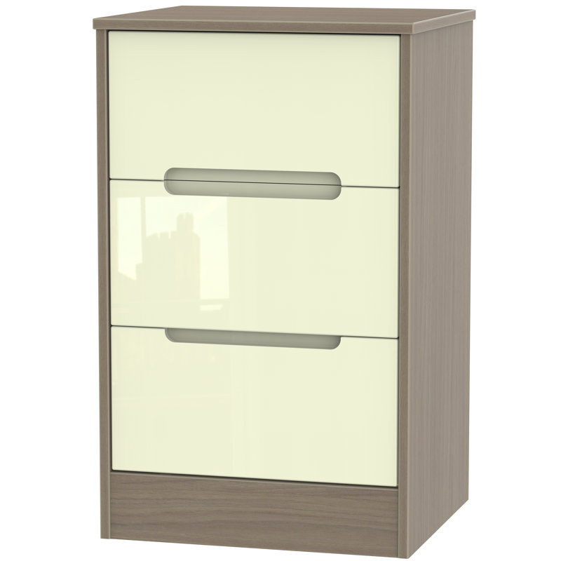 Fully Assembled Vernon 3 Drawer Bedside Table, Cream Gloss/Toronto Walnut